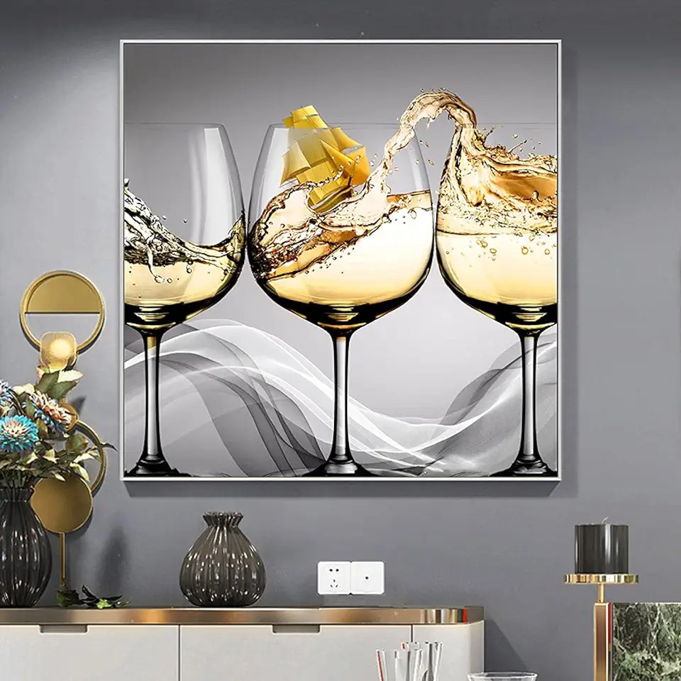 HHLSS väggtryck 31,5 x 31,5 tum (80 x 80 cm) ingen ram vinglas med guld båtmålning matsal kök modern heminredning väggkonst bilder unik dekor till salu  