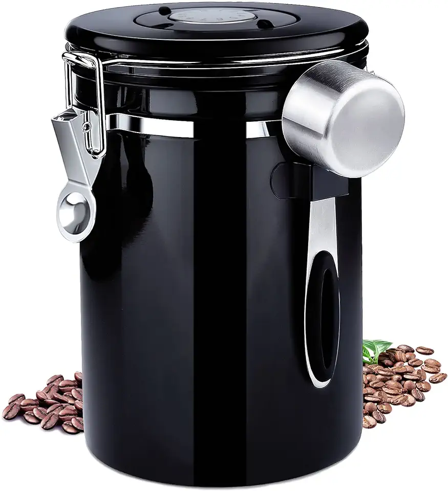 Frasheng Koffieblik van roestvrij staal, luchtdicht met roestvrijstalen lepel, 750 g/1,8 l, vacuüm koffieblik met datumtracking voor koffiebonen, koffiepoeder, koffiehouder, zwart tweedehands  