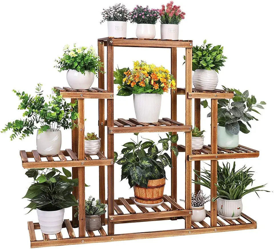 medla Plantenrek, hout, plantenrek met 9 plankjes op meerdere niveaus, voor binnen of buiten in de tuin of op balkon, decoratief, afmetingen: 115 x 25 x 96,5 cm tweedehands  