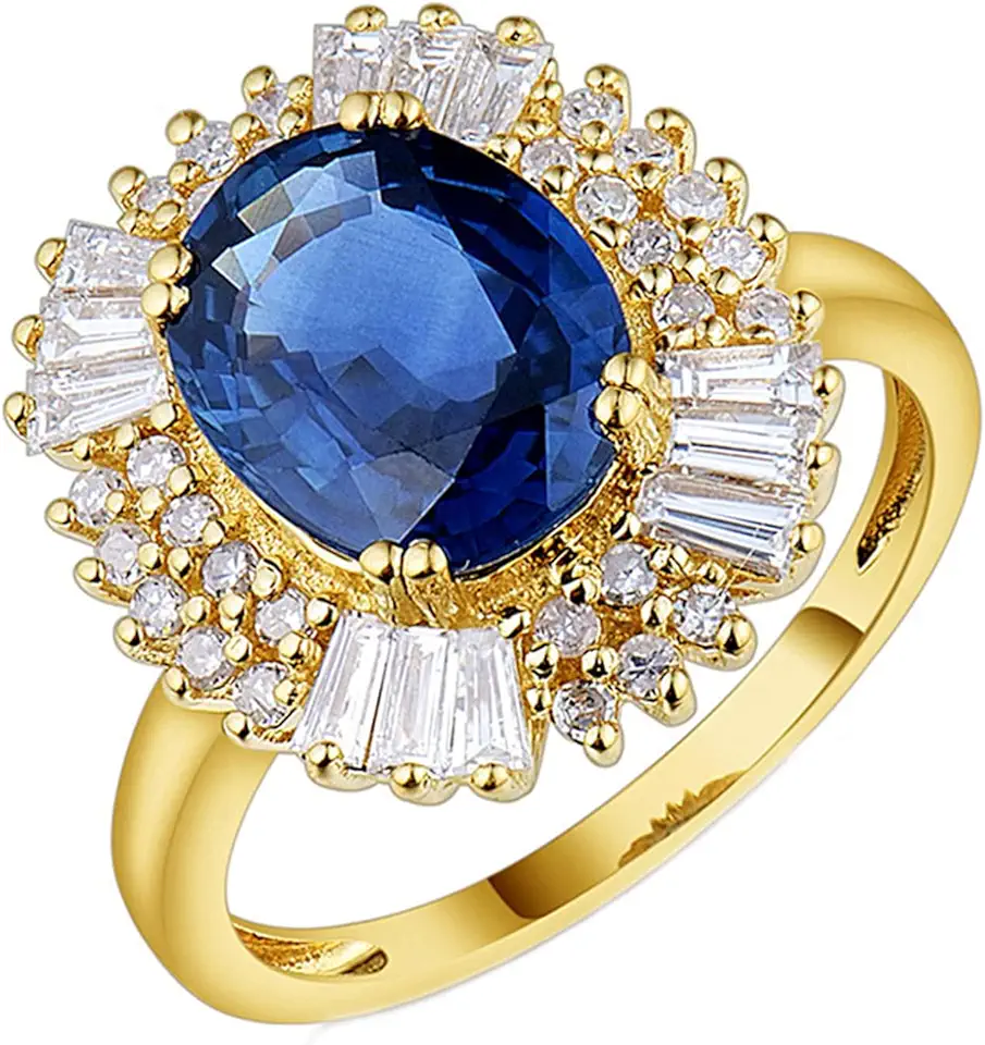 18K Solid Yellow Gold Ring 18K Ring Vrouwen, Anniversary Band voor Haar Bloem Ontwerp 2ct Ovale Cut Blauwe Saffier met 0.8ct Diamant tweedehands  