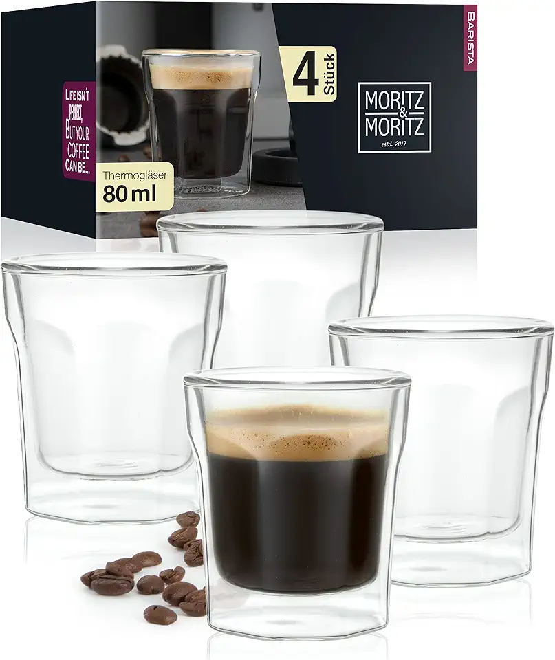 Moritz & Moritz Kelkglas, 4 x 80 ml, espressoglazen, dubbelwandig, espressokopjes van glas voor warme en koude dranken, vaatwasmachinebestendig, gebruikt tweedehands  