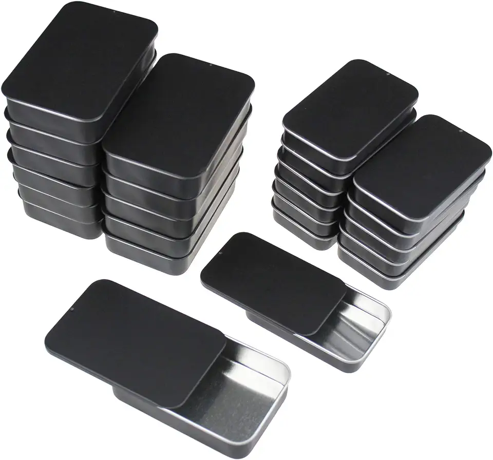 Goodma 24-Pack Rechthoekige Metalen Slide Top Tin Containers Voor Snoepjes Sieraden Ambachten Pillen Lippenbalsem Opslag Survival Kit, Gemengde Maten (zwart) tweedehands  