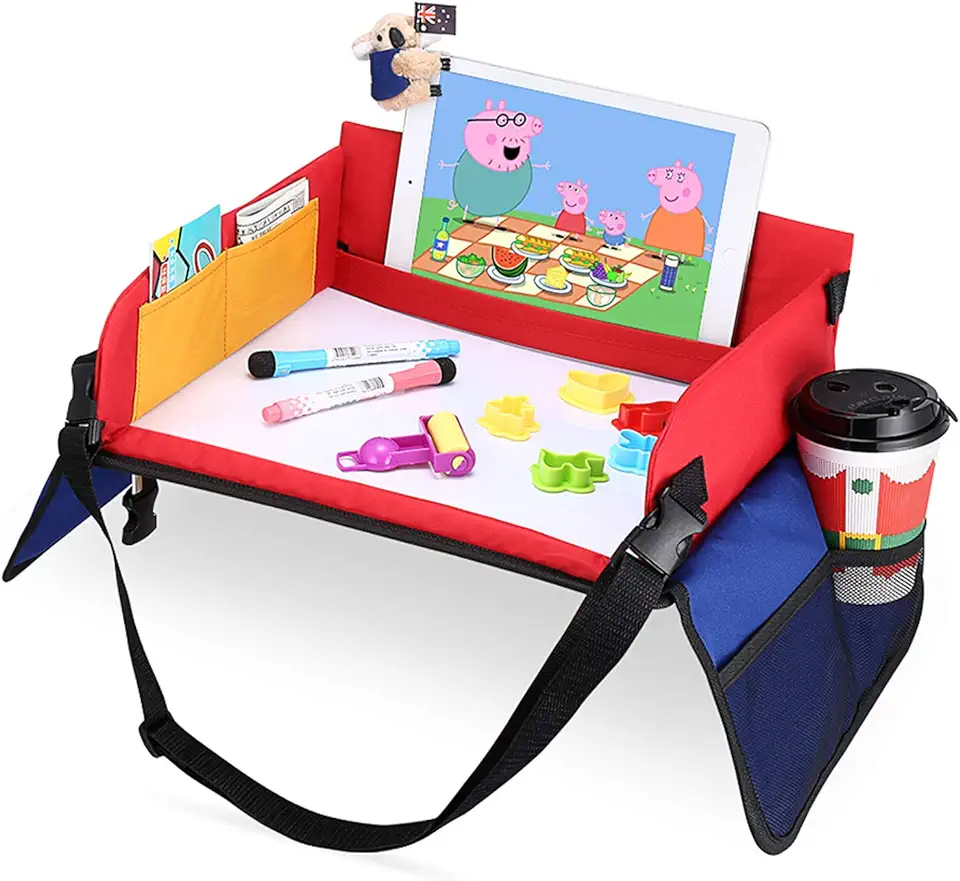 YOOFAN Kinderknie-dienblad voor kinderen, speeltafel met wisbare tekenplank en 6 gekleurde potloden voor spel en eettafel, speeltafel, autostoeltafel voor buggy's, kinderwagen, auto, vliegtuig, gebruikt tweedehands  