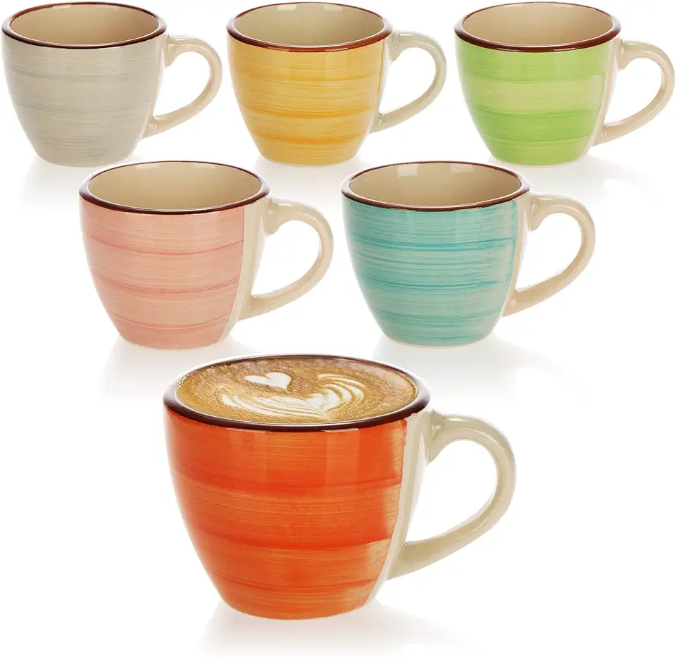 Gebruikt, COM-FOUR® 6x espressokopjes - kleurrijke keramische mokkakopjes - handgemaakte kleine koffiekopjes voor espresso, cappuccino, mokka en ristretto (06 stuks - groen/oranje/roze/blauw/geel/grijs) tweedehands  