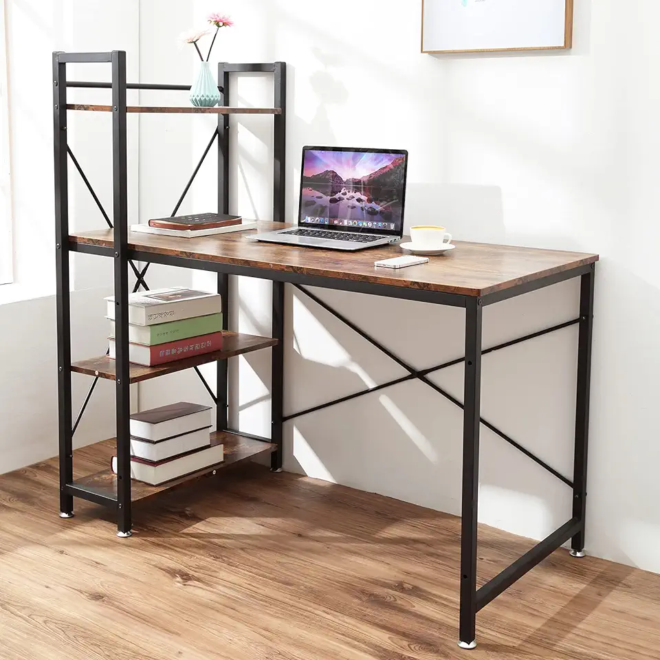 Oak & Tea Datorskrivbord, skrivbord med 4 nivåer gör-det-själv-förvaringshyllor till vänster eller höger, 120 x 60 x 122 cm arbetsbord för kontor vardagsrum, stålram, industriell till salu  