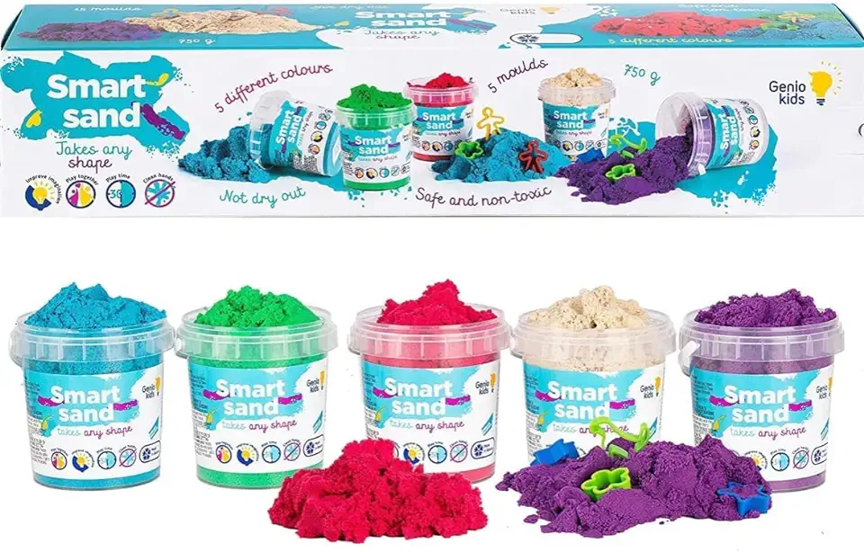 GenioKids Kinetisch Zand 1,65 lb/ 750g - 5 Kleuren Regenboog Modellerend Knutselspullen voor Kinderen Sensorisch Speelgoed 3 4 5 6 Jaar Magic Sand Set tweedehands  