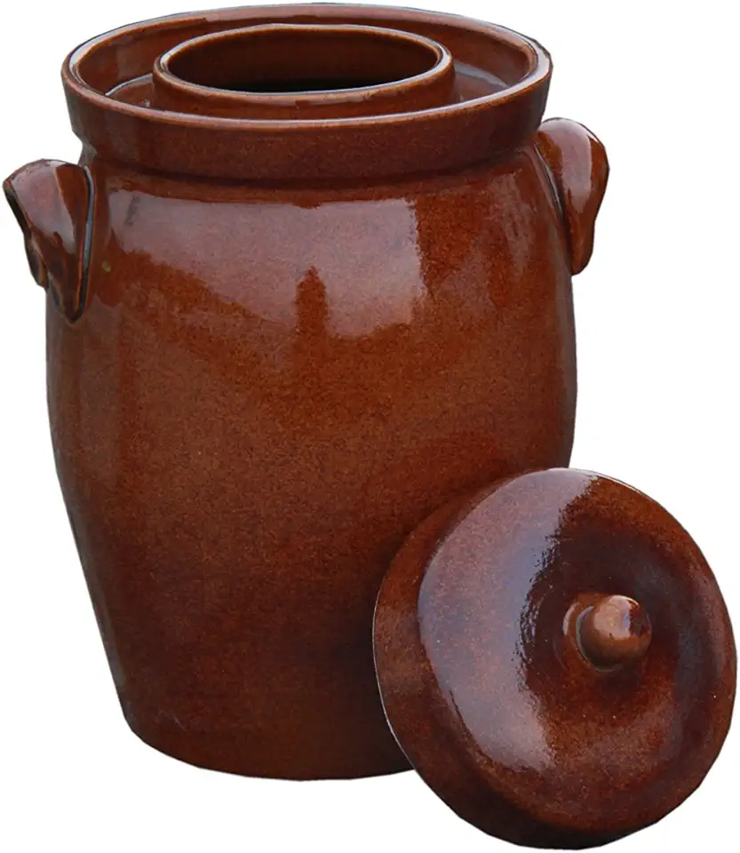 Hentschke Keramik Gaarpot, Rumpan, Zuurkoolpot inlegpot bruin - 16 liter incl. deksel + verzwaringssteen tweedehands  