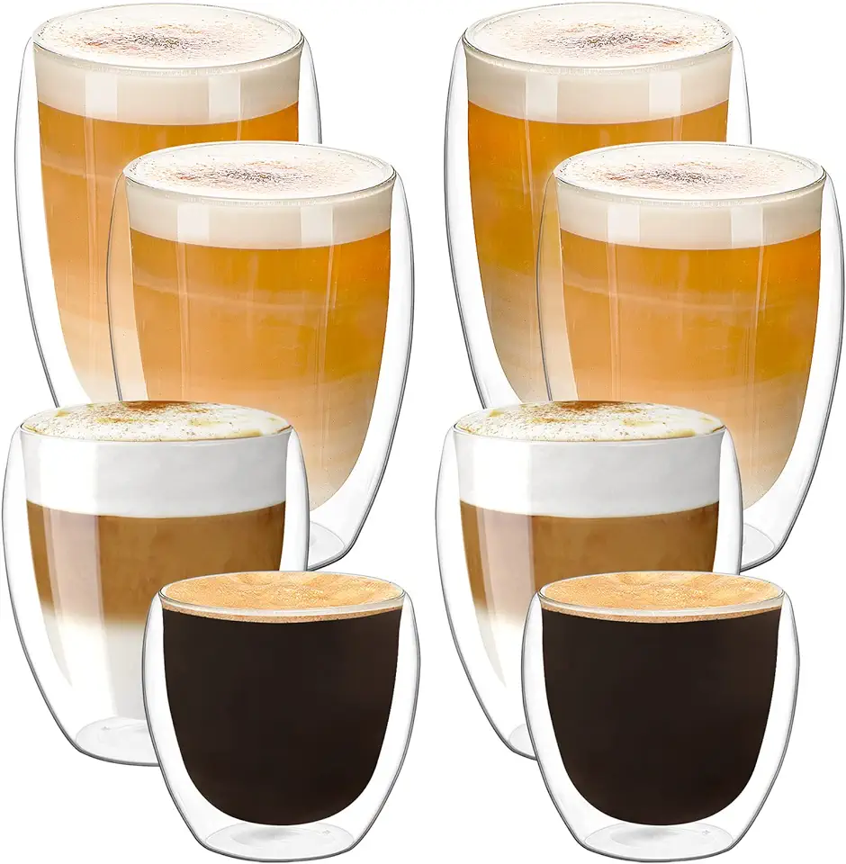 IZSUZEE Latte Macchiato-glazen, 2 x 400 ml, 2 x 80 ml, espressokopjes, 2 x 310 ml, 2 x 200 ml theeglas, totaal 8-delige set, dubbelwandige koffiekopjes met zweefeffect, vaatwasmachinebestendig. tweedehands  
