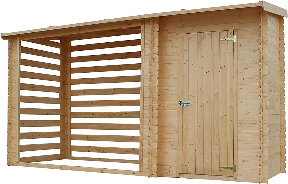 Gebruikt, TIMBELA Houten gereedschapsschuur M205 - tuinhuis met brandhoutrek - houten tuinhuisje B344 x 146 x 199 cm x 3,64 m2 - schuur tuin met waterdicht dak - houten gereedschapshuis tweedehands  