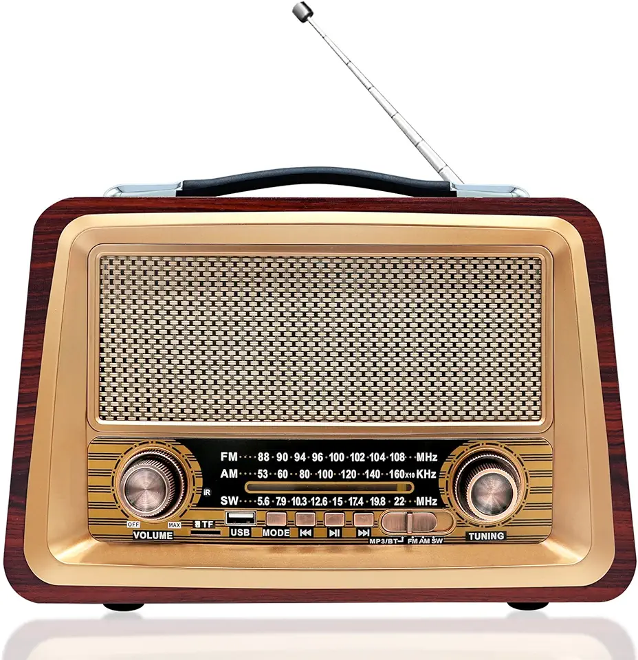 Retro radio, wereldontvanger, FM AM SW, nostalgische radio met bluetooth-luidspreker, keukenradio, op batterijen, klein, draagbare radio voor senioren, douche-radio, USB/SD/TF, kofferradio, kantoor, badkamer, rood hout, gebruikt tweedehands  