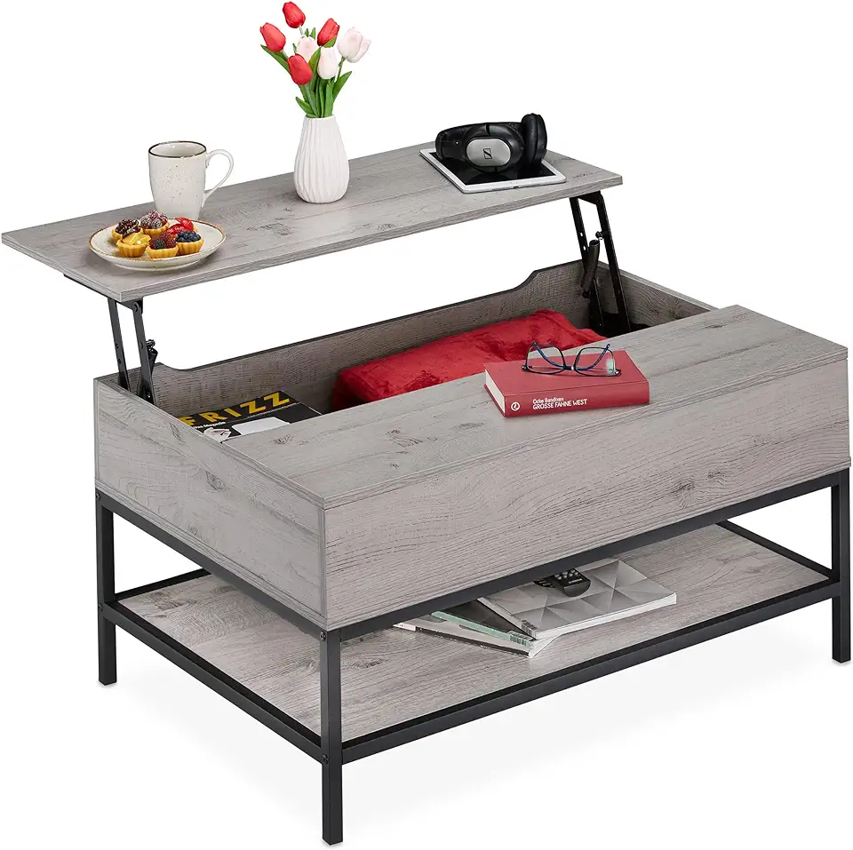 Relaxdays Salontafel opklapbaar, met plank, woonkamertafel met opbergruimte, houtlook, HBT: 45,5x90x60 cm, grijs/zwart, metaal tweedehands  