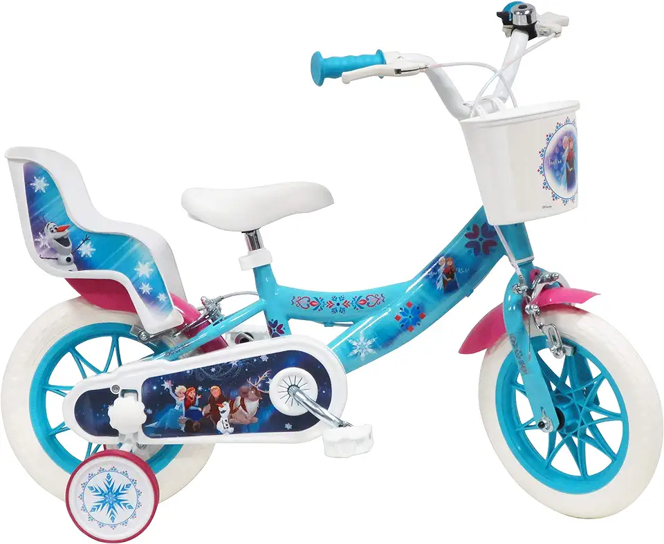 Disney Frozen fiets 12 inch (30,5 cm) met 2 remmen, mand voor en poppenhouder achter + 2 afneembare stabilisatoren voor meisjes, turquoise, wit en fuchsia tweedehands  