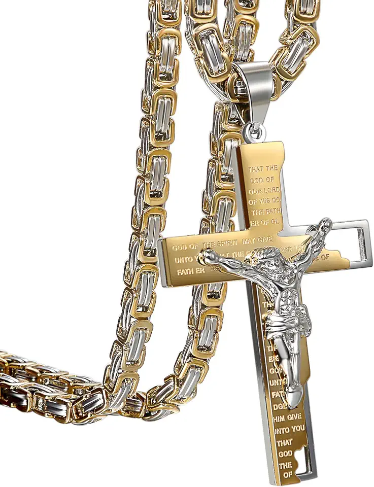 Gebruikt, Heren halsketting met kruis bijbel gebed hanger, vintage biker roestvrij staal Jezus crucifix hanger met koningsketting ketting 55 cm, zwart zilver tweedehands  