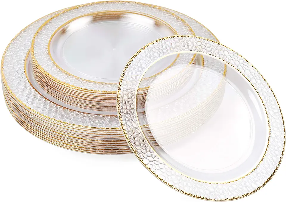 MATANA 40 Transparante Plastic Borden in 2 maten (20 x 26cm, 20 x 19cm) met Gouden Rand voor Bruiloften en Party's - Herbruikbaar & Stabiel tweedehands  