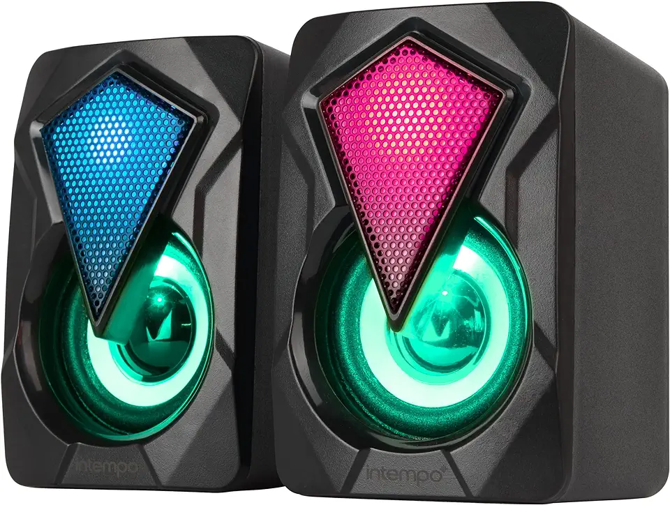 Intempo EE6397BLKSTKEU7V2 RGB Gaming Speaker Set with 7 LED Colour Changing Lights, 3W, 10m Wireless Range, Ideal As Portable Audios, Karaoke Speakers & Online Gaming, 6.5 l x 7.5 w x 10.1 h cm tweedehands  