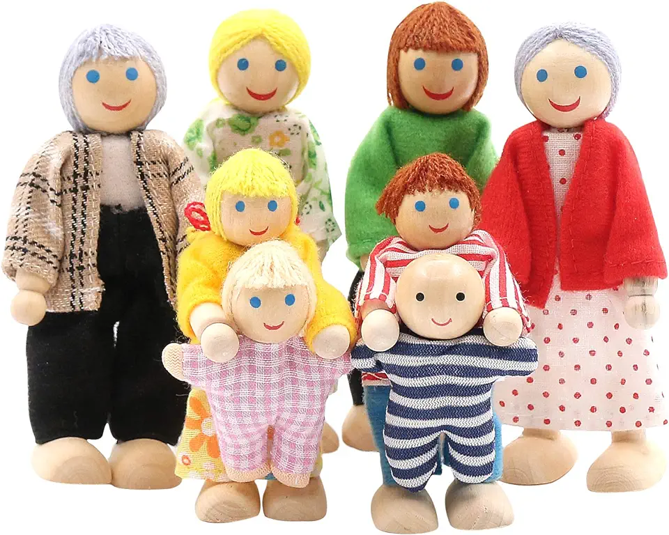 SumDirect Sets van 8 personen houten poppenhuis en familiepoppenspeelgoed, mooie vrolijke familie-poppenspeelset, poppenhuisaccessoires voor poppenhuis, speelgoed voor kinderen, meisjes tweedehands  