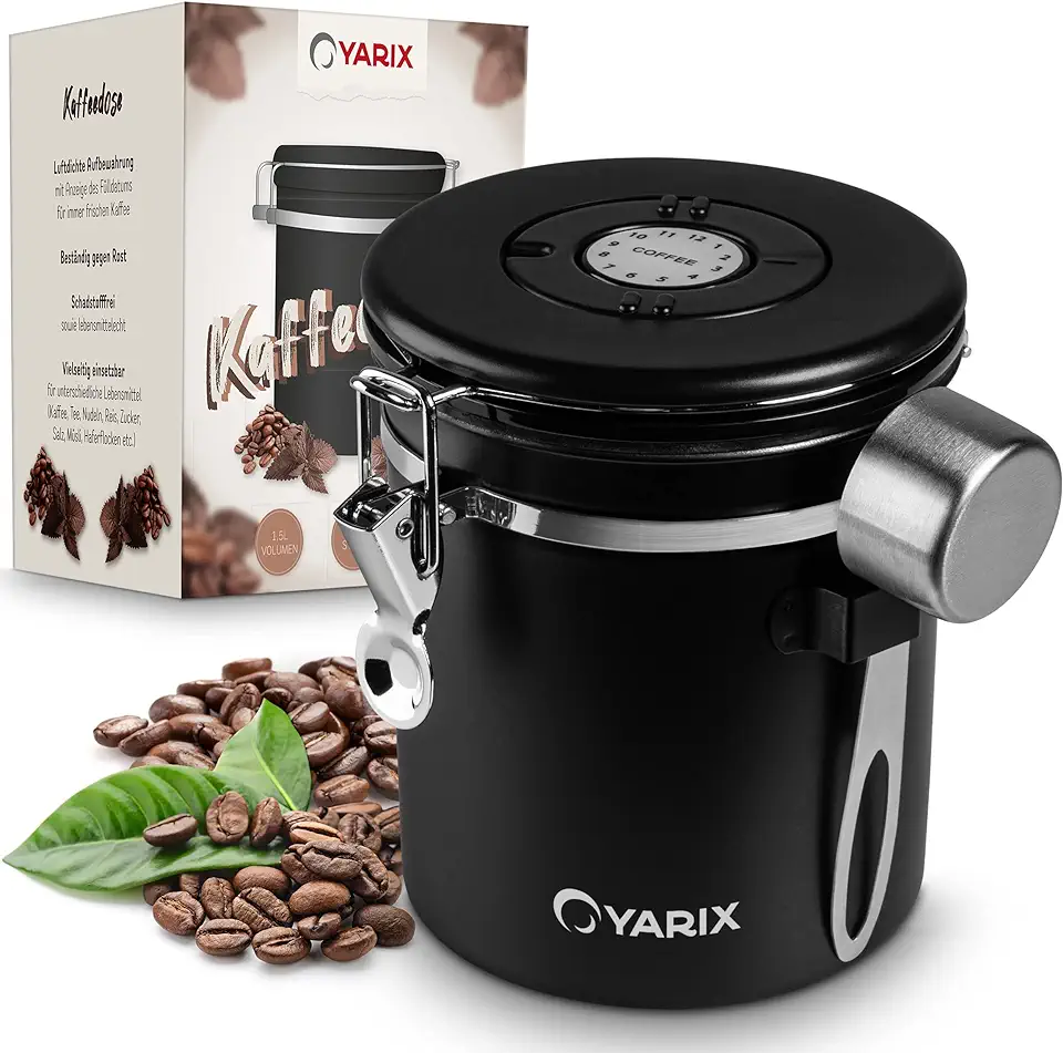 YARIX Koffieblik luchtdicht 500 g – koffiehouder aromadicht met lepel – koffiebonen houder roestvrij staal – aromablik koffie – voorraaddoos tweedehands  