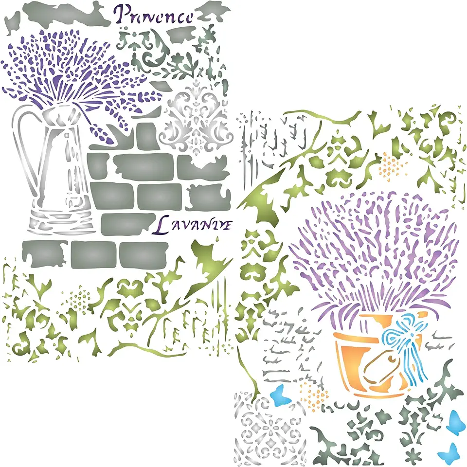 2x lavendel stencil, 2pc/21,5 x 33 cm (L) - Gebruik gelaagde stenen pot kruik bloemen bladeren woorden om textuur en ontwerp toe te voegen aan gemengde media achtergronden stencils voor schilderen tweedehands  