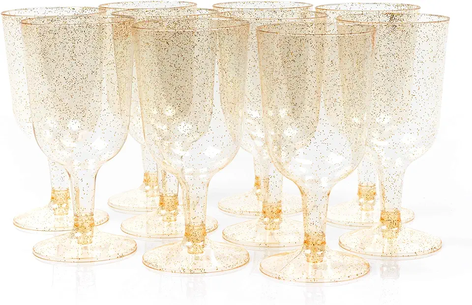 MATANA - 50 vinglas av plast med guldglitter för bröllop och fester, 150 ml, återanvändbara och stabila till salu  