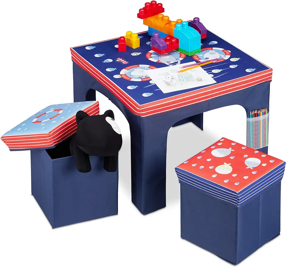Relaxdays Zitgroep kinderen, opvouwbaar, kindertafel, kruk met opbergruimte, zitgelegenheid kinderkamer, vissen, blauw, 48,00 x 59,50 x 59,50 cm tweedehands  