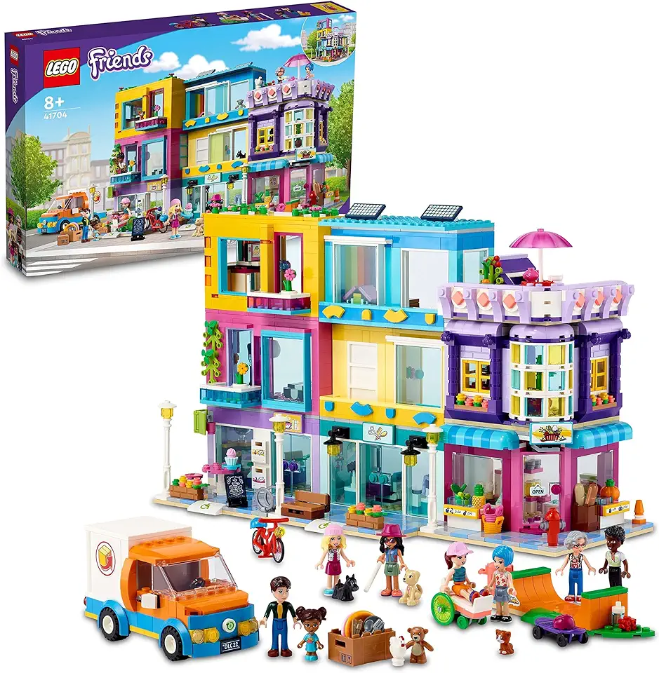 LEGO 41704 Friends Hoofdstraatgebouw, Heartlake City Café & Kapsalon, Poppenhuis met Speelgoedwinkels met 7 Mini Poppetjes tweedehands  