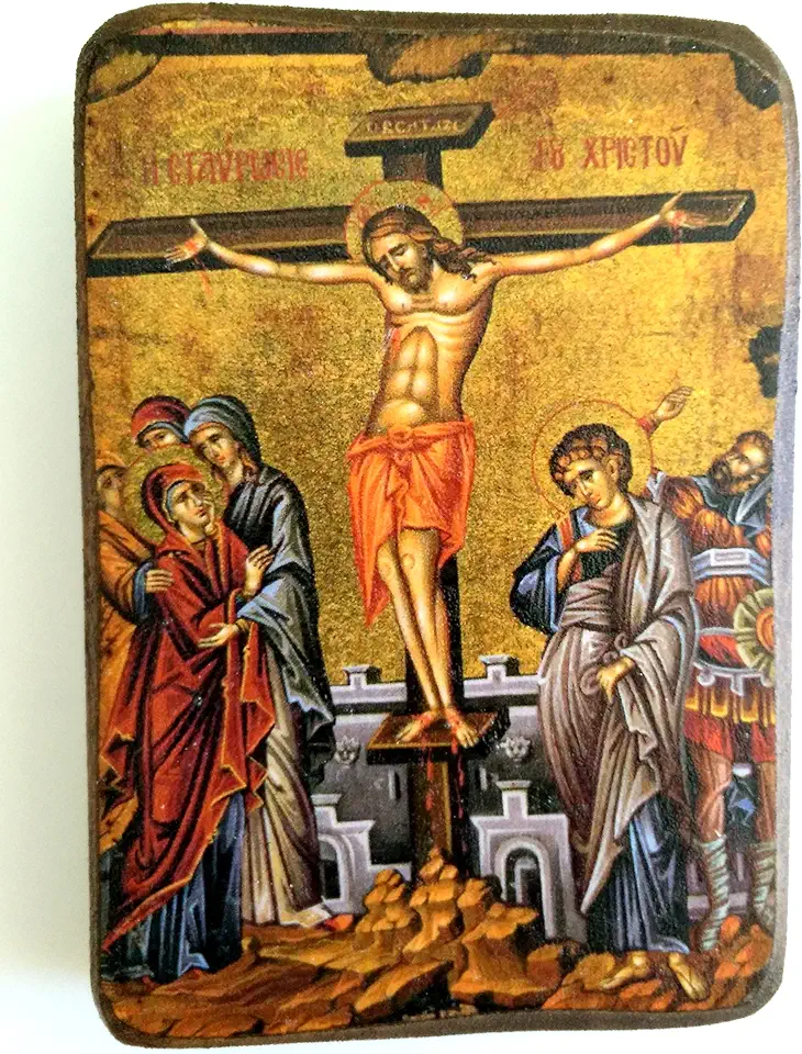 IconsGr Ikonenbeeld, op hout, handgemaakt, motief: Jezus kruis, Griekse orthodoxes heiligenbeeld tweedehands  