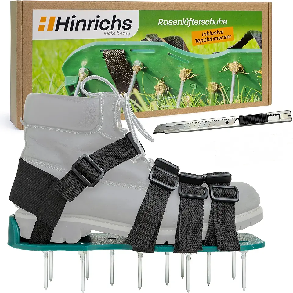 Hinrichs Gazonbeluchter, schoenen, nagelschoenen, verticuteermachine, gazonbeluchter, schoenen, voor het eenvoudig ventileren van gazons, inclusief cuttermes tweedehands  
