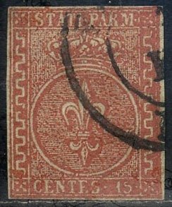 Antichi Stati italiani - Parma 1853 - Giglio Borbonico, II emissione, 15 cent. vermiglio usato  
