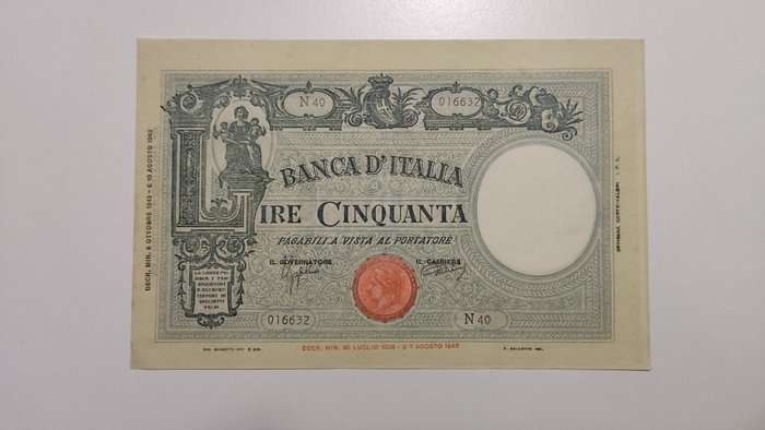 Italia - 50 Lire 08/10/1943 Grande "L" (B.I.) - Gigante BI 12A; Pick 65 Banconote Banconote usato  