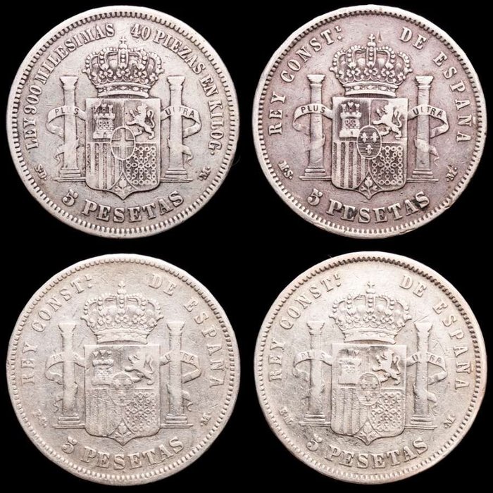 España. Lote de cuatro (4) monedas. 5 Pesetas - Amadeo I - Alfonso XII (2) - Alfonso XII segunda mano  