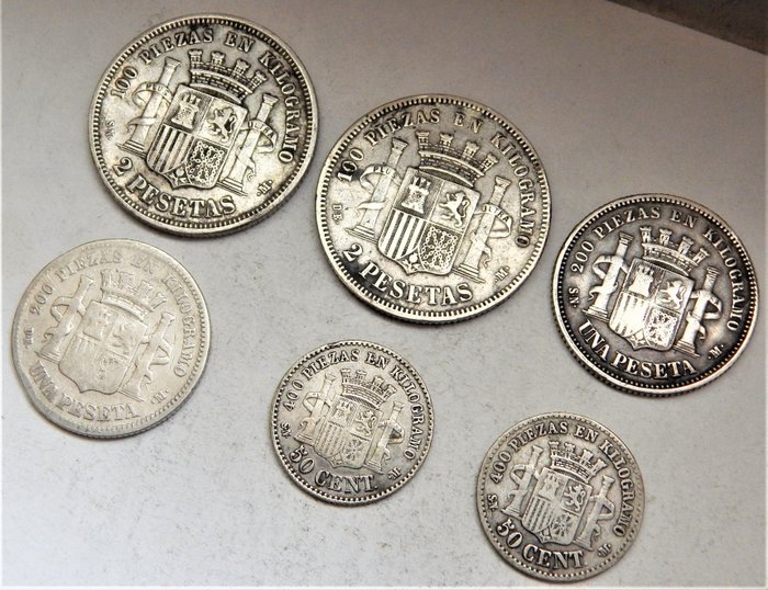 España. Gobierno Provisional. 50 Céntimos, 1 y 2 Pesetas 1869/1870 - Lote de 6 monedas segunda mano  