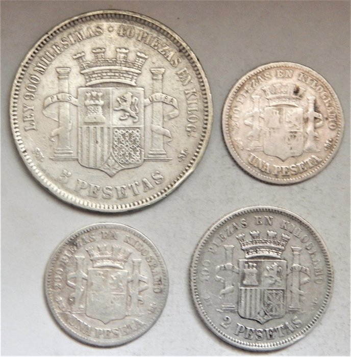 Usado, España. Gobierno Provisional. 1, 2 y 5 Pesetas 1869/1870 - Lote de 4 monedas segunda mano  