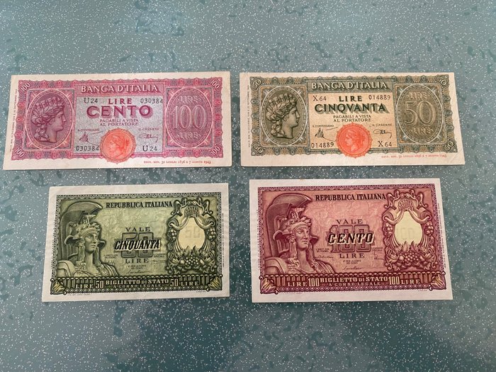 Italia - 50 e 100 Lire "Elmata" e "Turrita" (4 banconote) - Gigante BI 13A, 25A, BS 23A, usato  