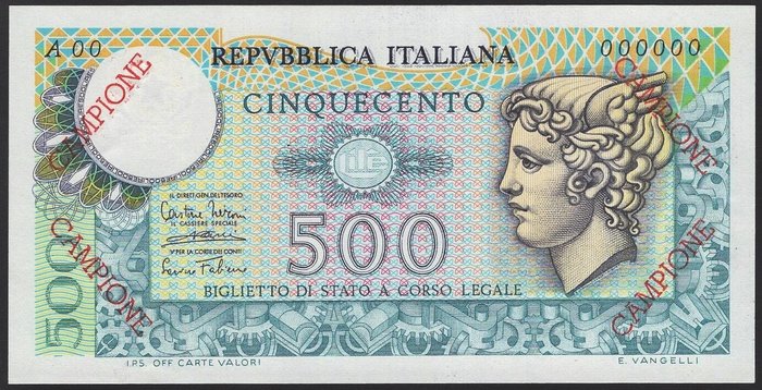 Italia - 500 Lire 1966 "Mercurio" CAMPIONE - Gigante BS 26; Pick 94 Banconote Banconote usato  