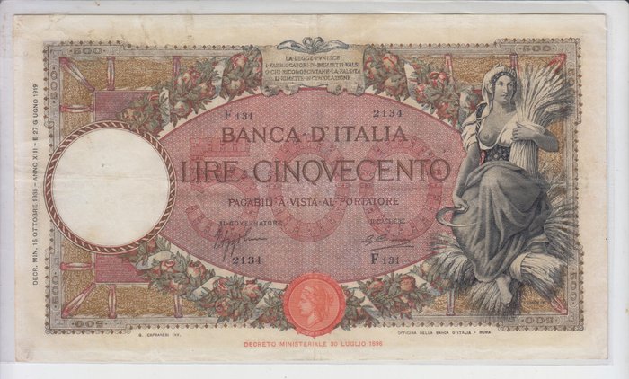 Italia - 500 Lire 16/10/1935 Mietitrice (Fascio) - Gigante BI 29L; Pick 51c Banconote usato  