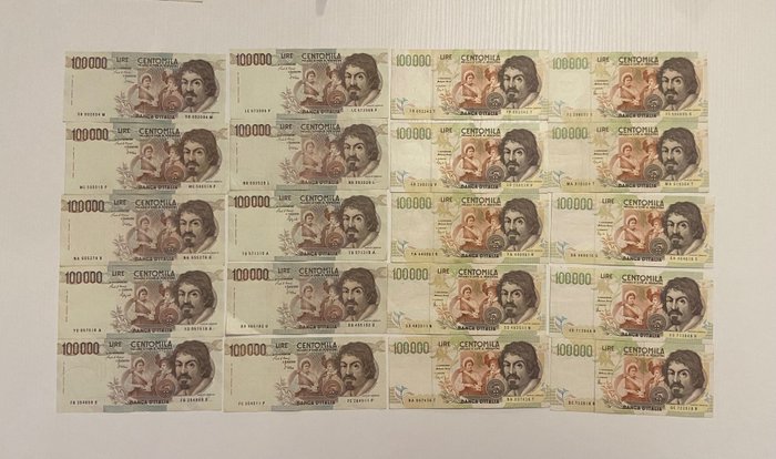 Italia - 20 x 100.000 Lire - anni vari "Caravaggio" I e II tipo Banconote Banconote usato  
