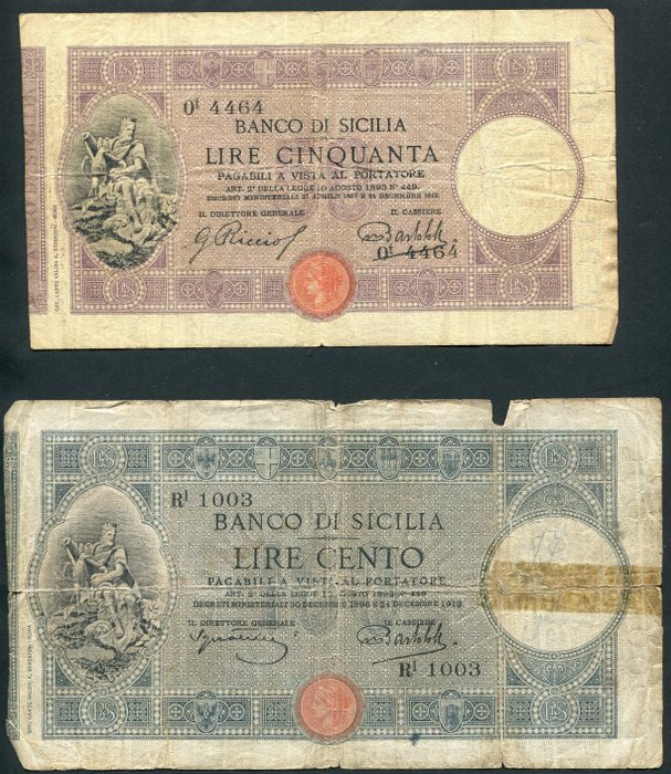 Italia, Banco di Sicilia - 50 + 100 Lire 24/12/1913 - Gigante BDS 4L, 6G Banconote Banconote usato  