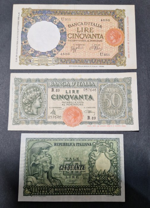 Italia - 3 x 50 Lire 1938-1951 - Gigante BI 6H, 13A, BS 23B Banconote Banconote, usato usato  