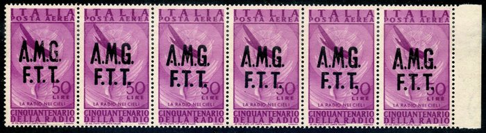 Trieste - zona A 1947 - Radio Posta Aerea, 50 lire. Striscia di 6 con la soprastampa obliqua. usato  