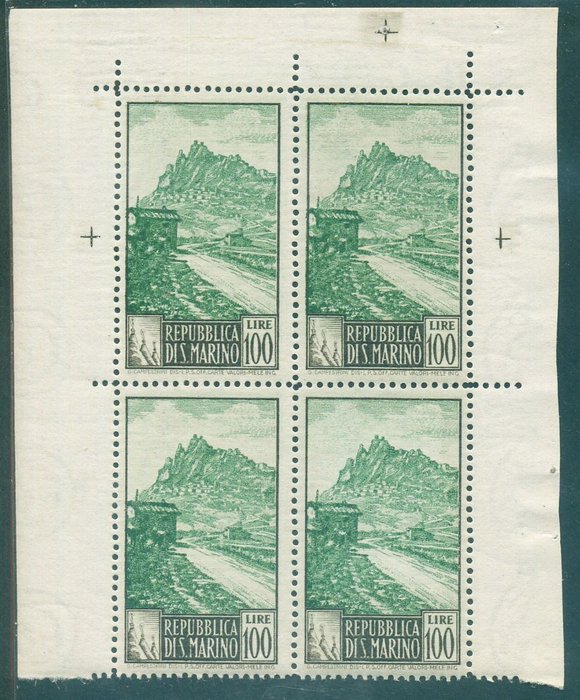 San Marino 1949 - Vedute, 100 lire dentellato 14x13. Rara quartina - Sassone 354/I Francobolli usato  