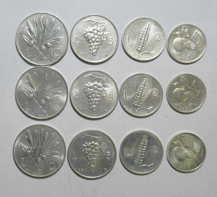 Italia, Repubblica Italiana. Serie completa 12 valori  1-2-5-10 lire 1948-1950 Monete usato  