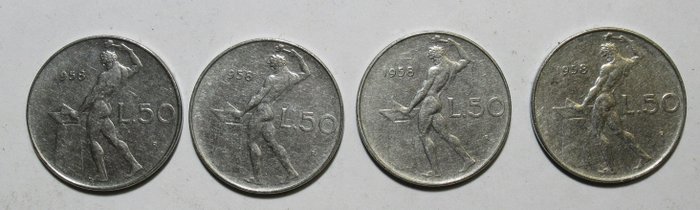 Italia, Repubblica Italiana. 50 Lire 1958 "Vulcano" lotto 4 pezzi Monete dal mondo Monete usato  