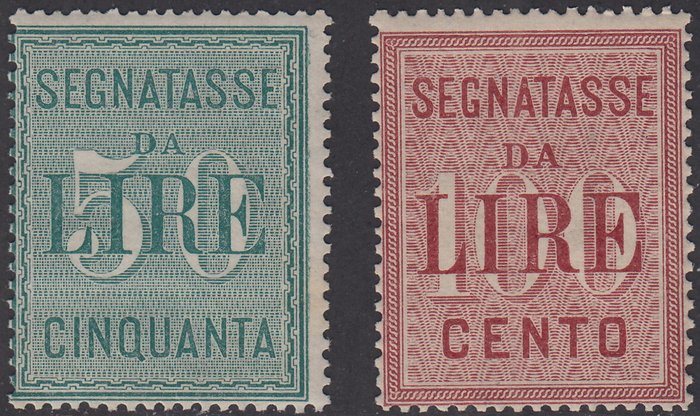Italia Regno 1884 - Segnatasse di Regno L. 50 verde e L. 100 rosa carminio - n. 15/16 usato  