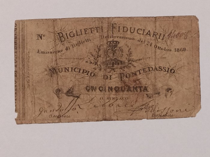 Italia, Imperia - 50 centesimi di Lire 24/10/1868 - Comune di Pontedassio - Gav. Boa. usato  