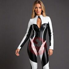 Macacão feminino de couro macio preto branco com zíper frontal ajuste apertado Kink, usado comprar usado  Enviando para Brazil