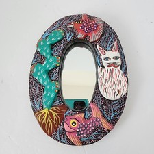 Antigo Quadro de Espelho de Madeira Esculpida em Oaxacan Pintura Oval Peixe Cacto Pássaro Raposa 7" comprar usado  Enviando para Brazil
