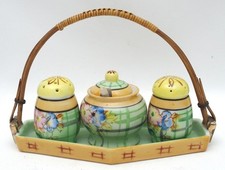 Usado, Conjunto de bandeja vintage pintada à mão MCM cerâmica sal pimenta e açúcar feito no Japão comprar usado  Enviando para Brazil