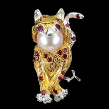 Pingente broche de prata esterlina 925 redondo pérola rubi pedra preciosa natural coruja joia comprar usado  Enviando para Brazil