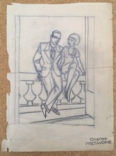 Desenho Art Deco retrato casal homem mulher balaustrada Charles Pretavoine 1930, usado comprar usado  Enviando para Brazil