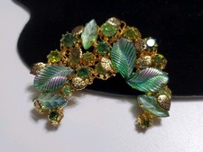 BROCHE DESIGNER VINTAGE KRAMER ÁUSTRIA ASSINADO ARTE FOLHAS DE VIDRO E STRASS comprar usado  Enviando para Brazil